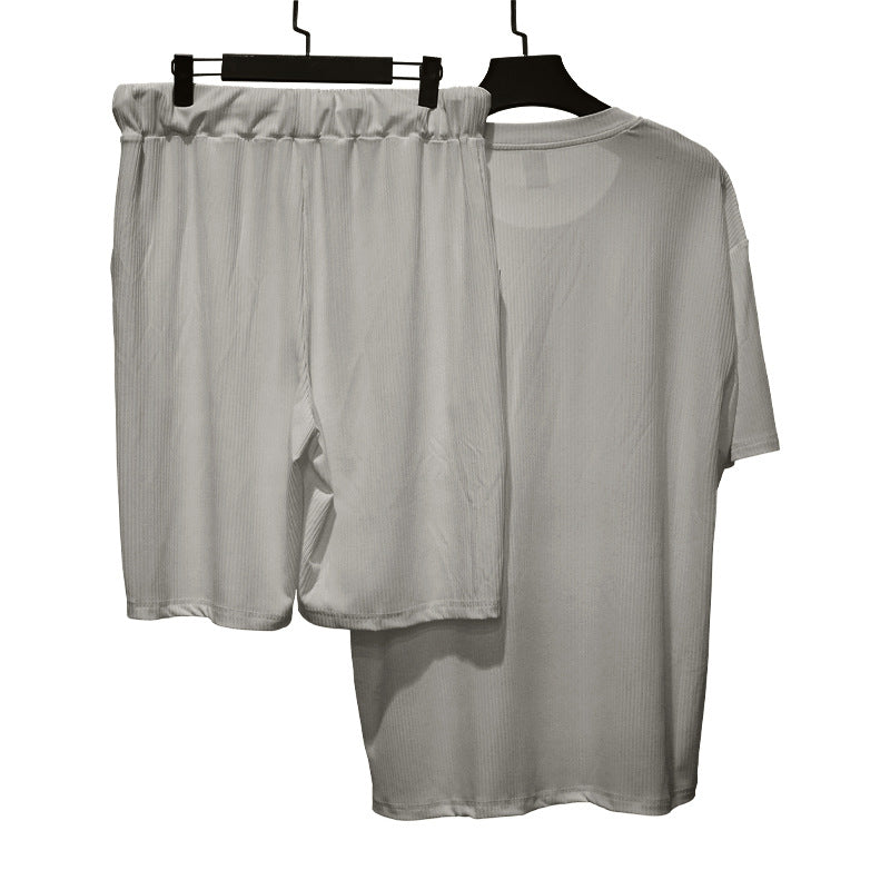 Men's casual cool breathable ribbed loose round neck short-sleeved shorts suit