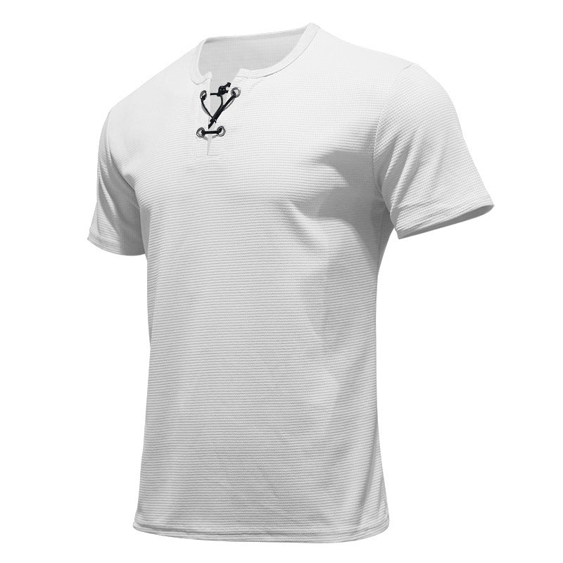 Short-sleeved T-shirt European and American men's tie-string henley shirt top