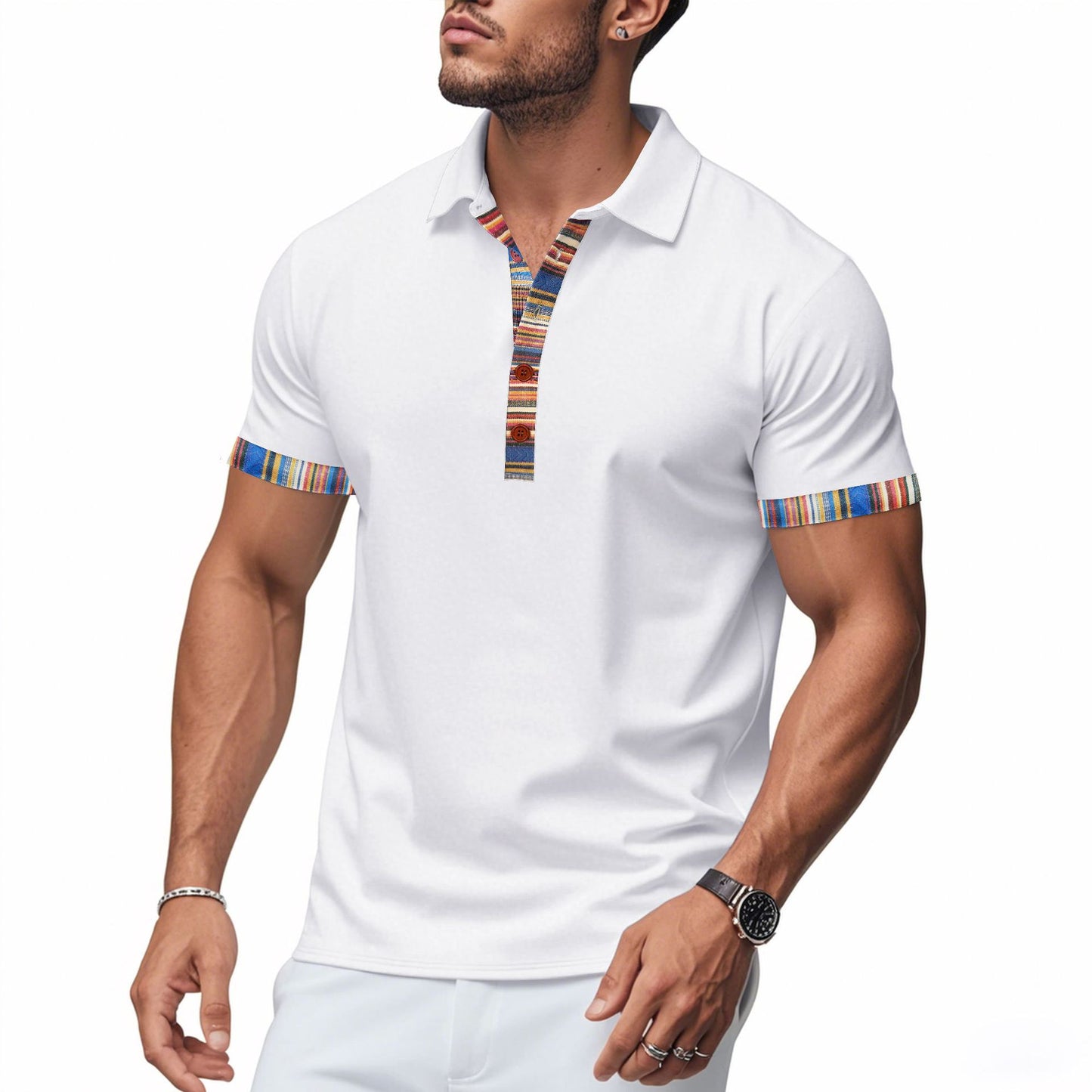 Loose casual breathable Bohemian contrast color POLO shirt short sleeves