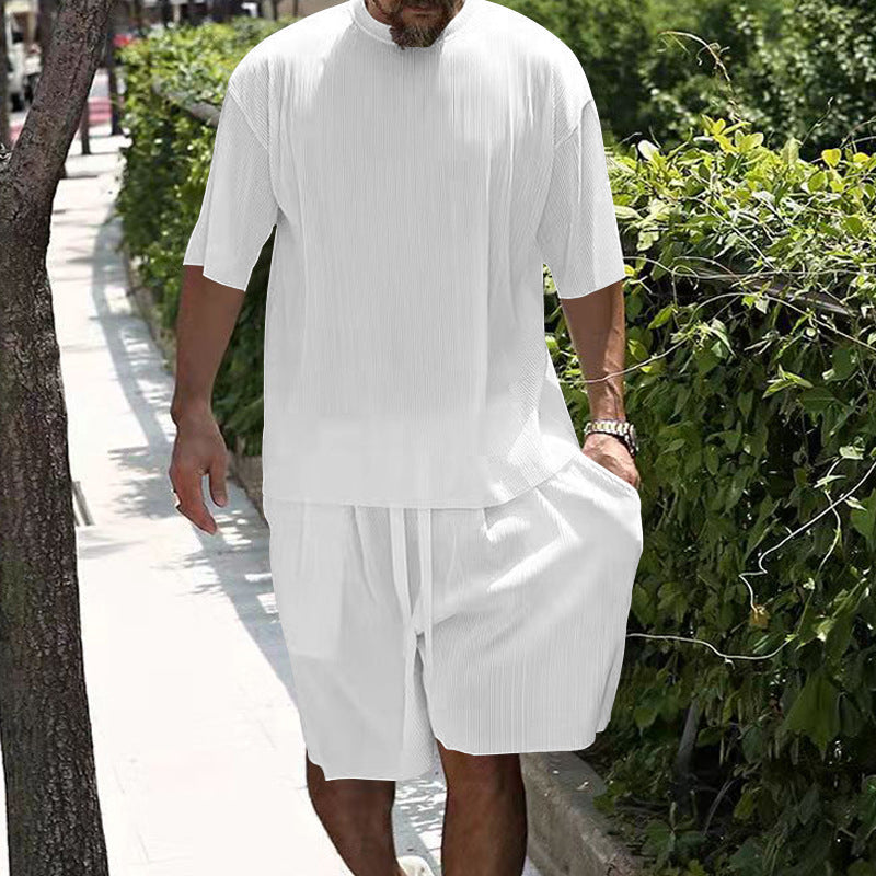 Men's casual cool breathable ribbed loose round neck short-sleeved shorts suit