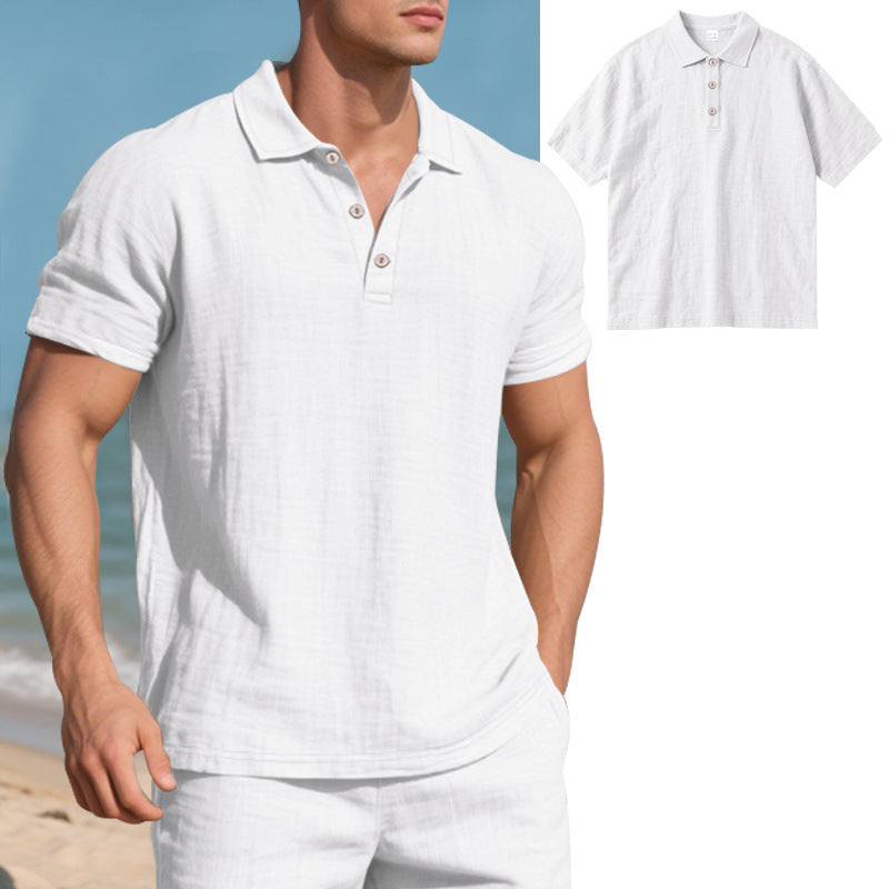 Men's British style loose breathable linen casual lapel button-down POLO shirt short sleeve men
