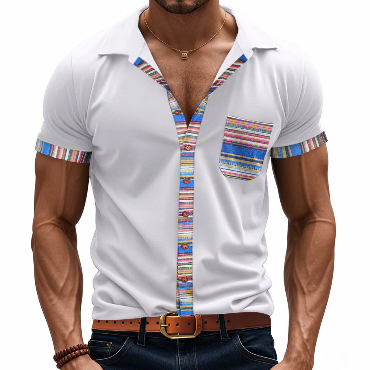 Loose casual light luxury bohemian style contrast color shirt short sleeve men