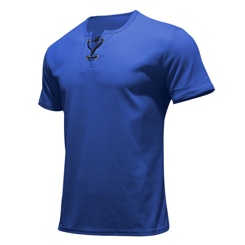 Short-sleeved T-shirt European and American men's tie-string henley shirt top