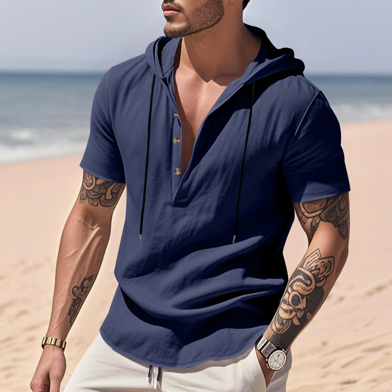 Linen breathable beach hooded henley short sleeve shirt for men