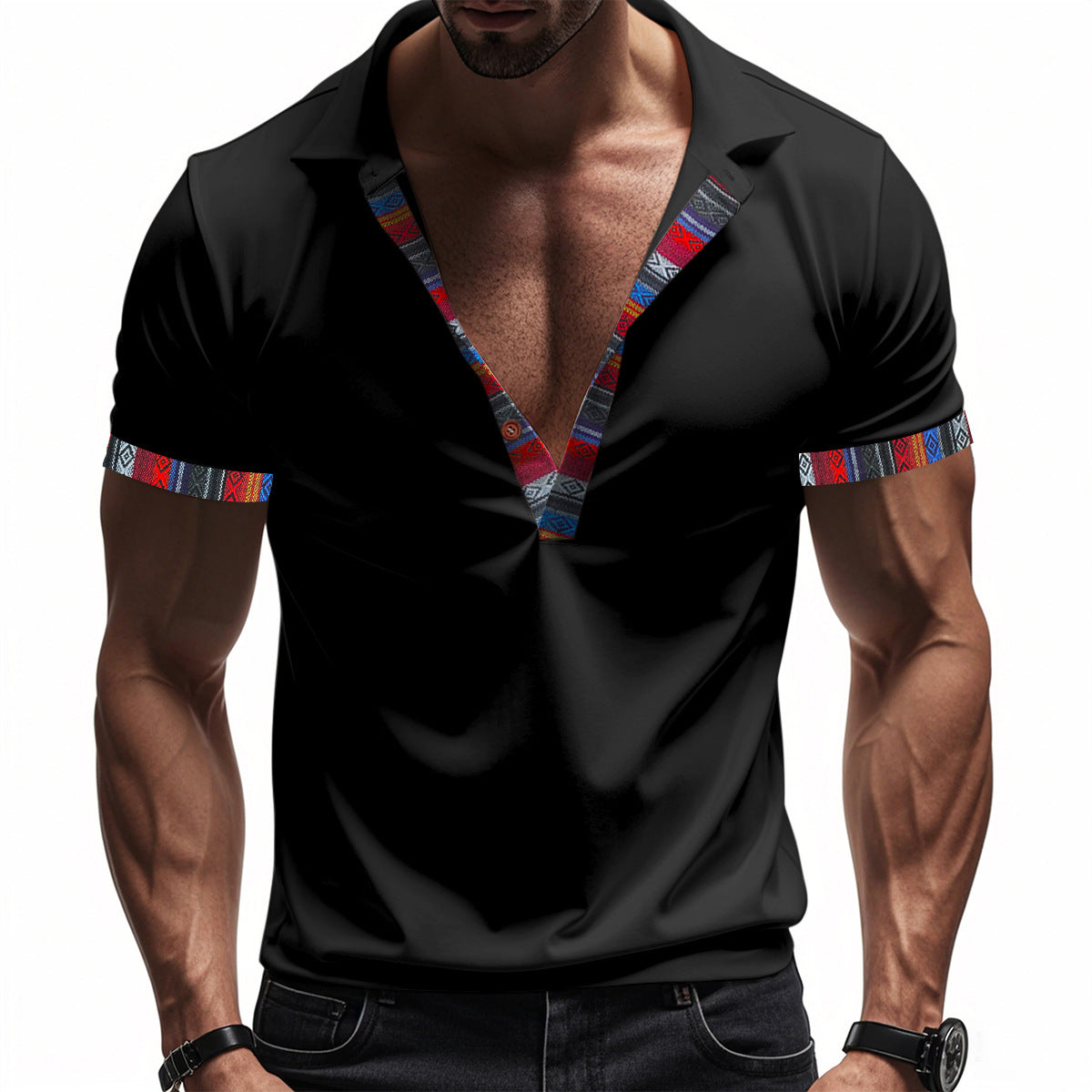 Loose casual breathable Bohemian contrast color POLO shirt short sleeves