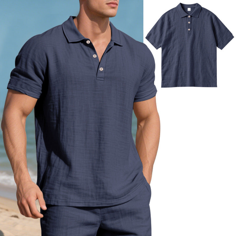 Men's British style loose breathable linen casual lapel button-down POLO shirt short sleeve men