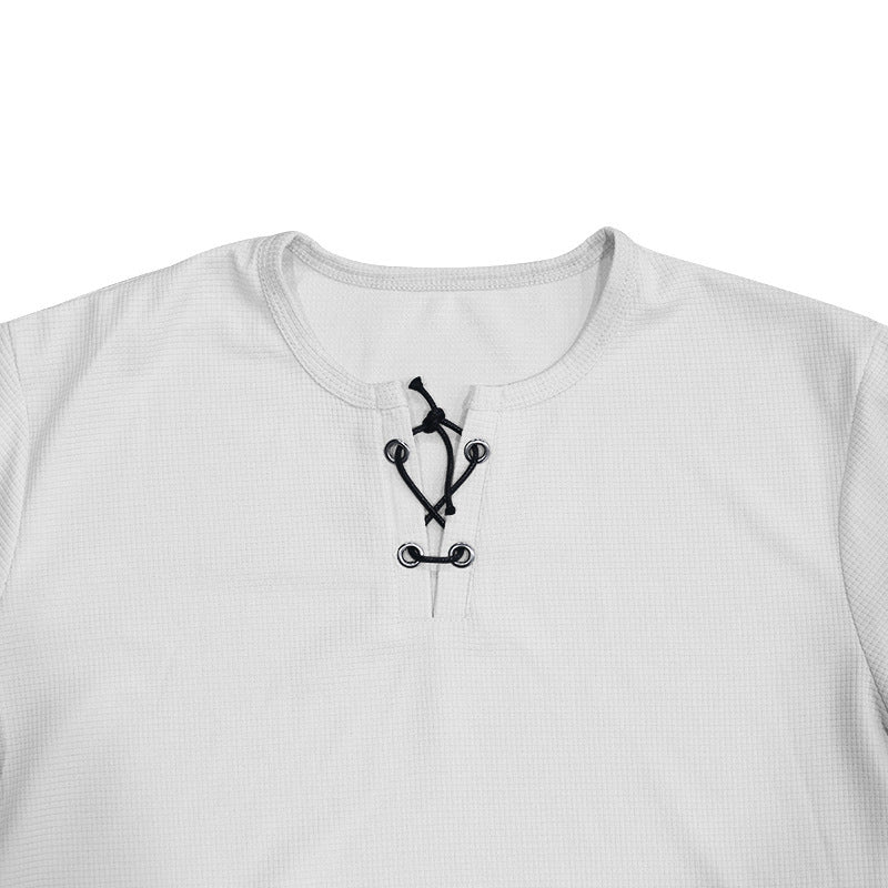 Short-sleeved T-shirt European and American men's tie-string henley shirt top