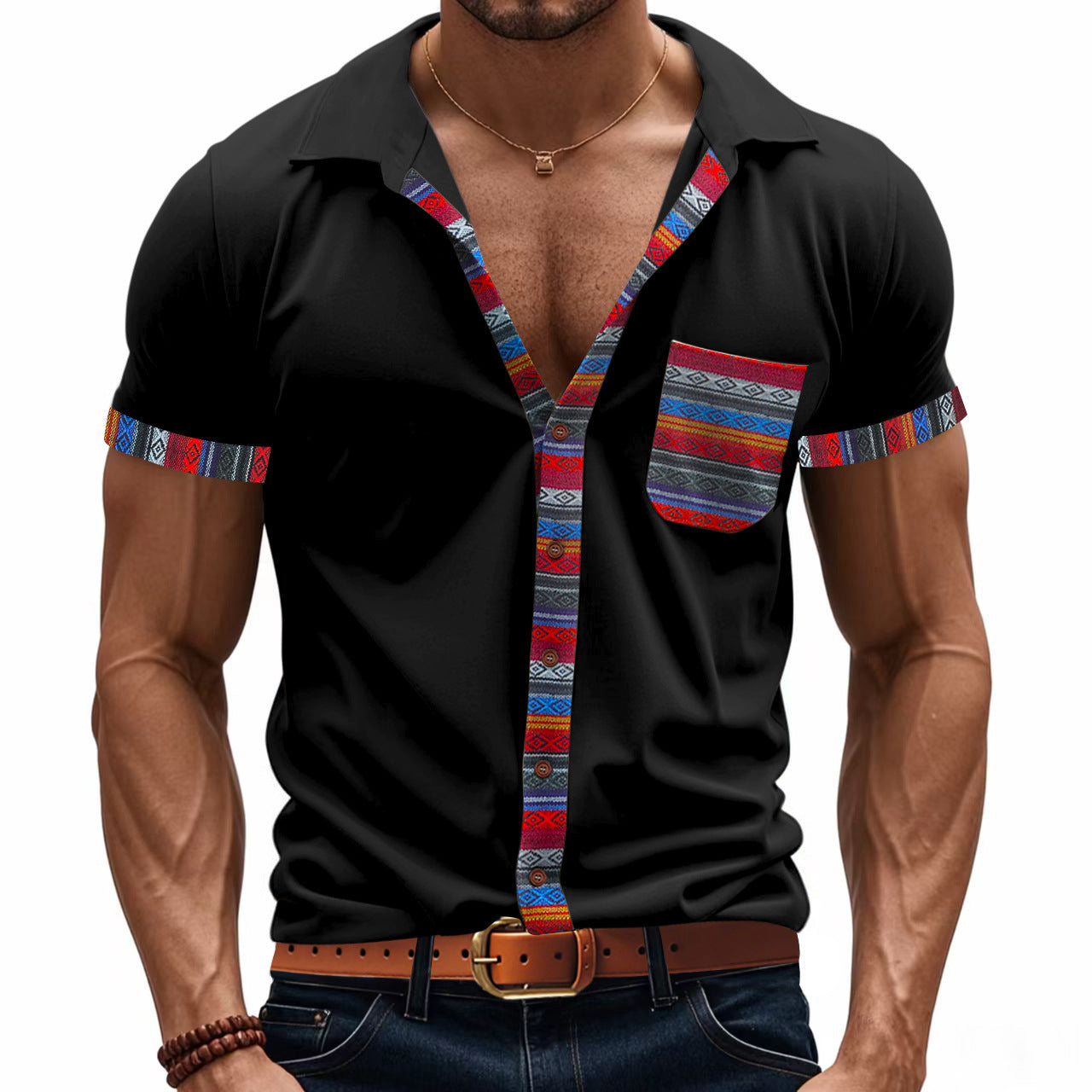 Loose casual light luxury bohemian style contrast color shirt short sleeve men