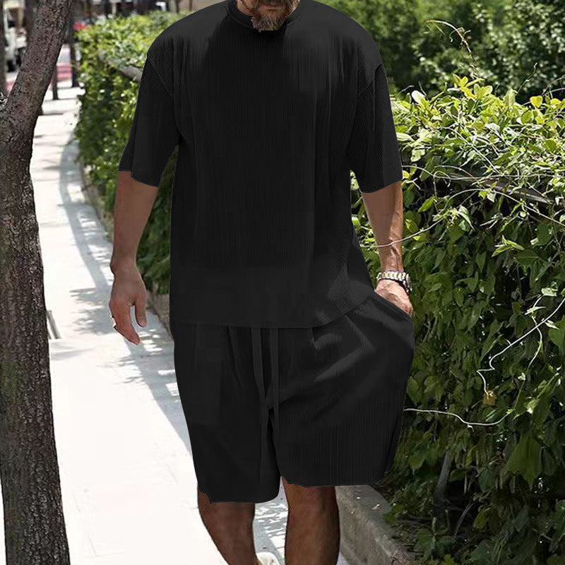 Men's casual cool breathable ribbed loose round neck short-sleeved shorts suit