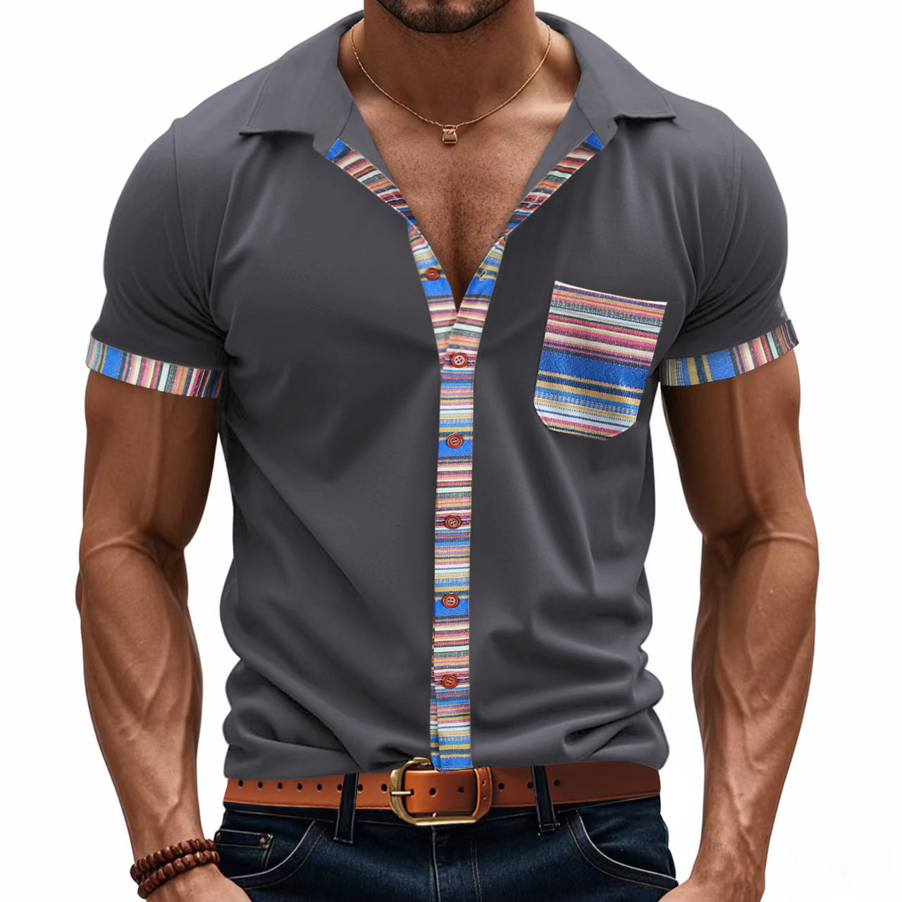 Loose casual light luxury bohemian style contrast color shirt short sleeve men