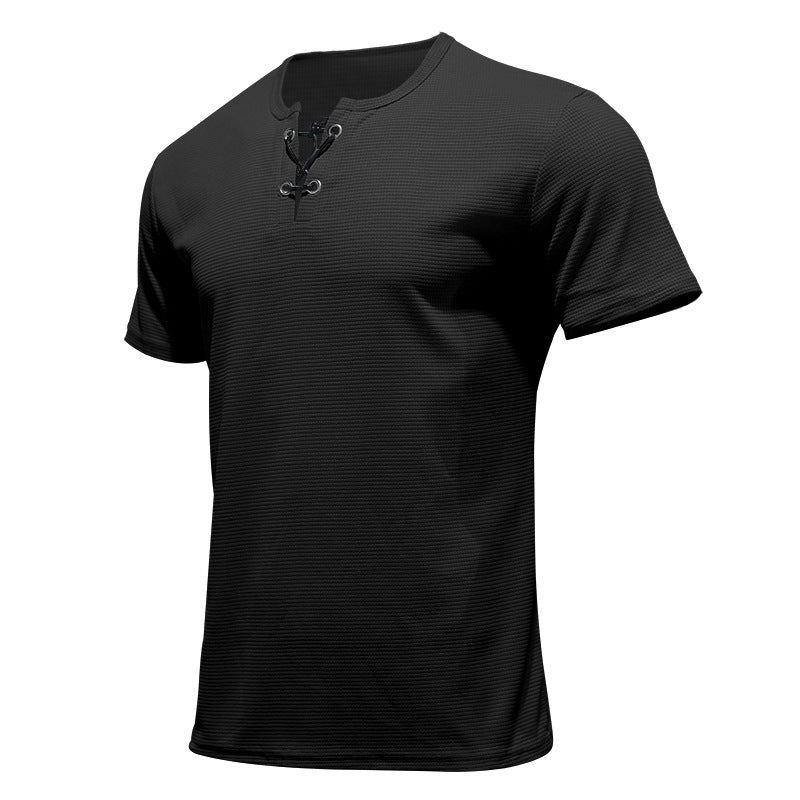 Short-sleeved T-shirt European and American men's tie-string henley shirt top