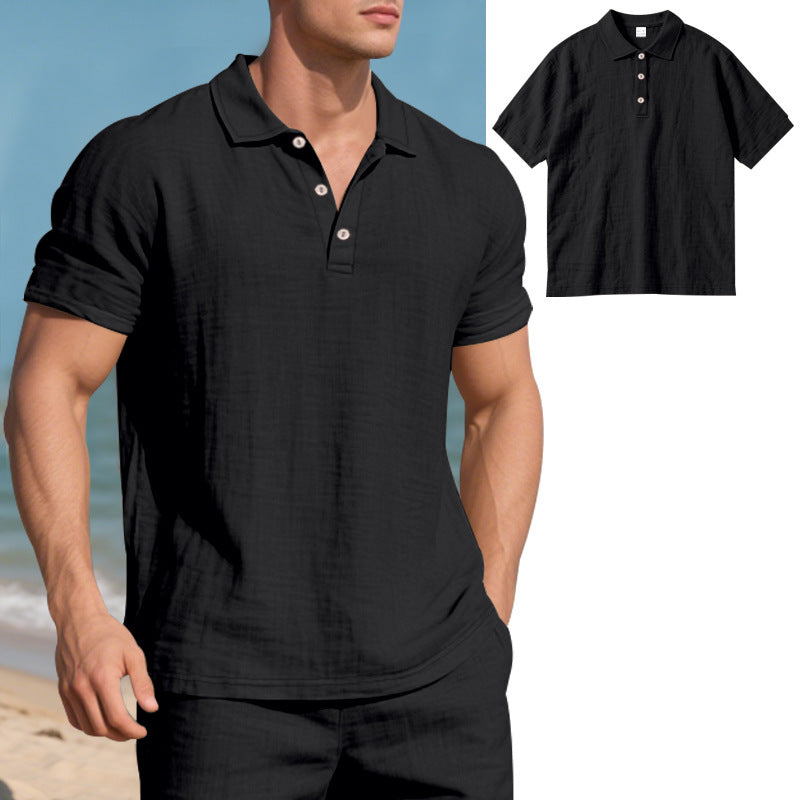 Men's British style loose breathable linen casual lapel button-down POLO shirt short sleeve men
