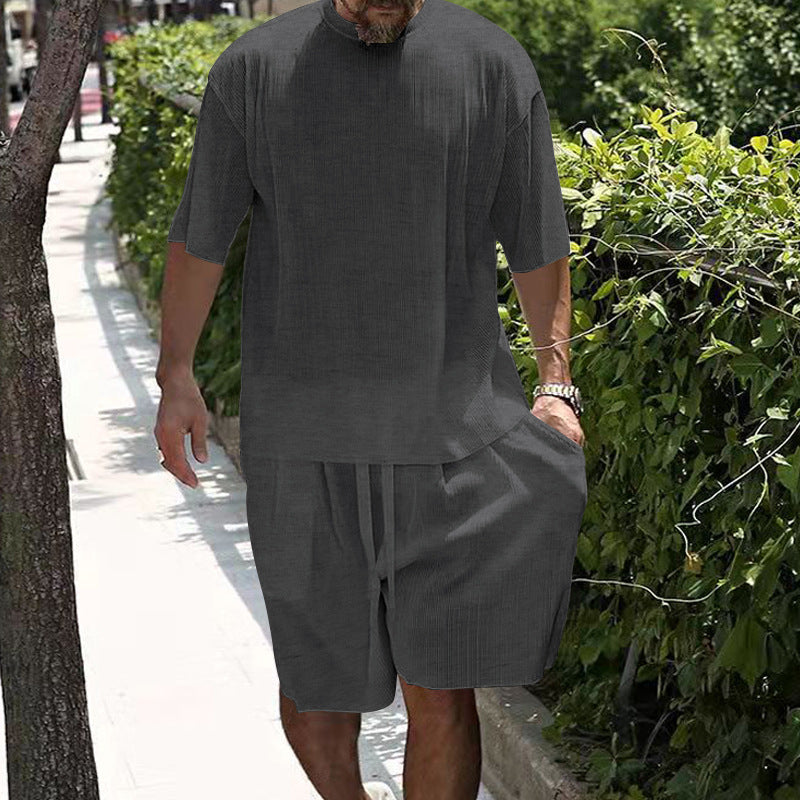 Men's casual cool breathable ribbed loose round neck short-sleeved shorts suit