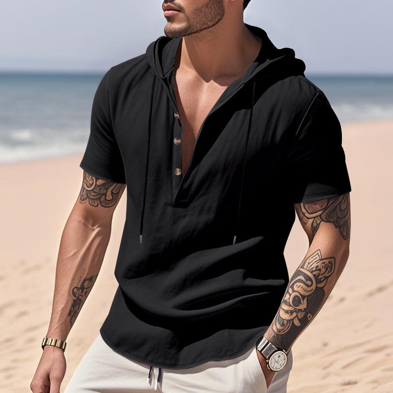 Linen breathable beach hooded henley short sleeve shirt for men