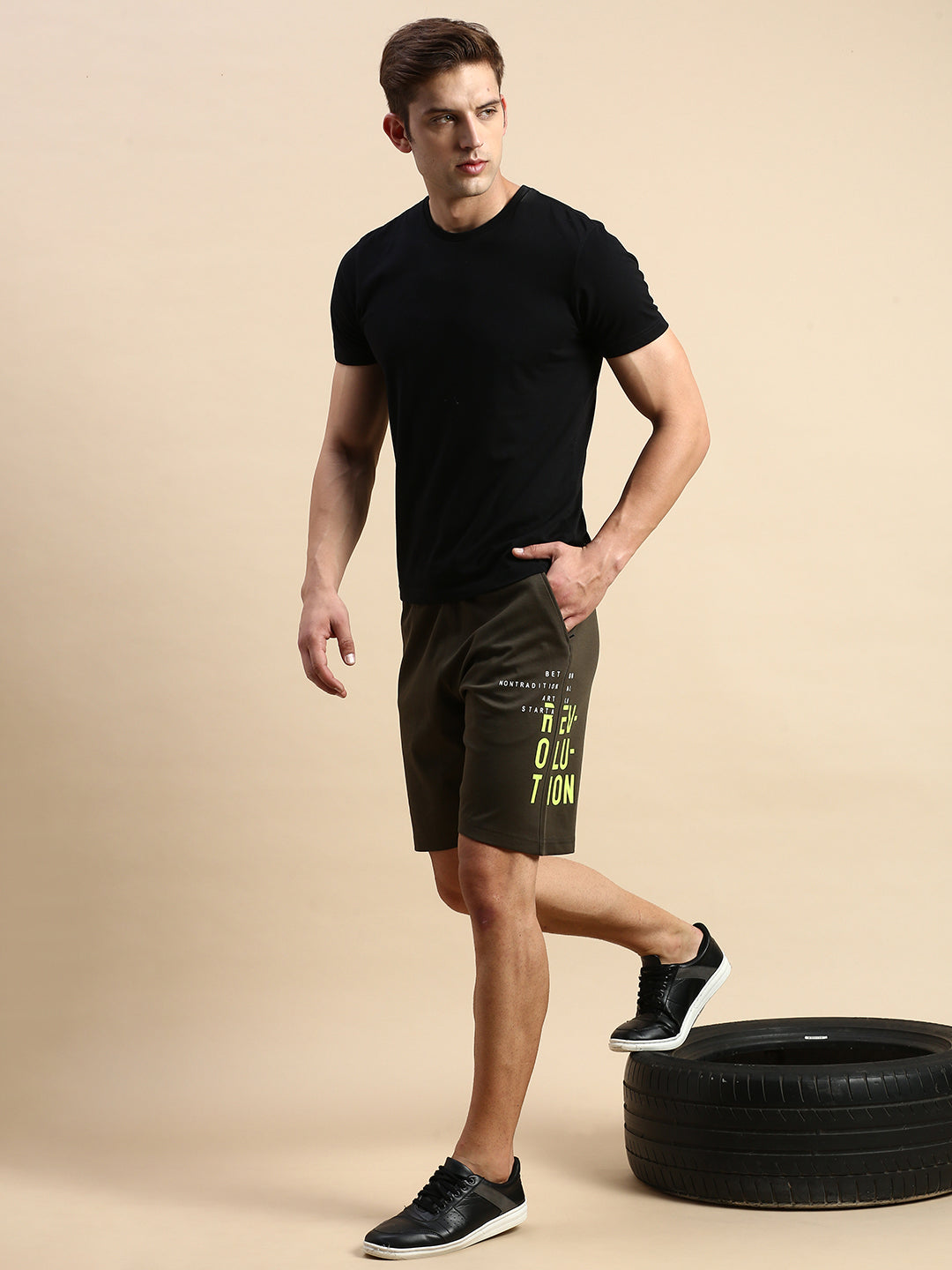 Men's Olive Mid-Rise Sports Shorts