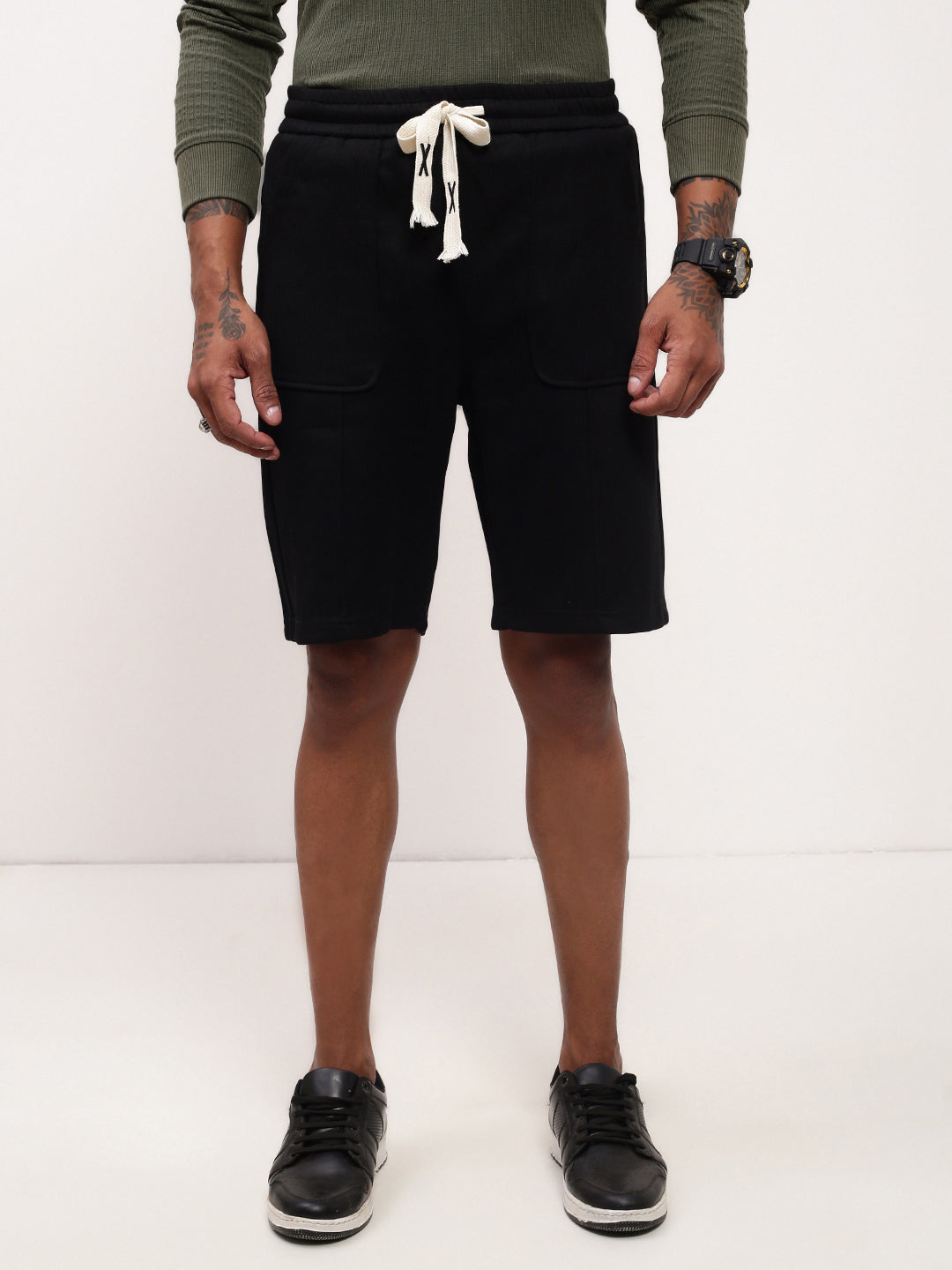 Men's Black Regular Fit Cotton Shorts
