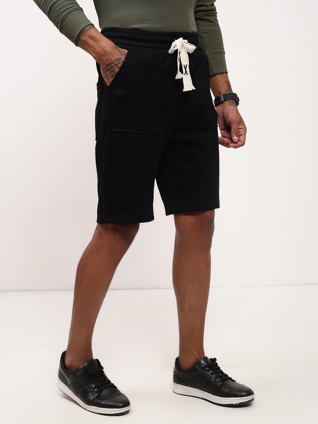 Men's Black Regular Fit Cotton Shorts