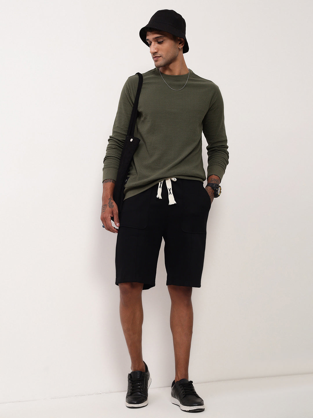 Men's Black Regular Fit Cotton Shorts