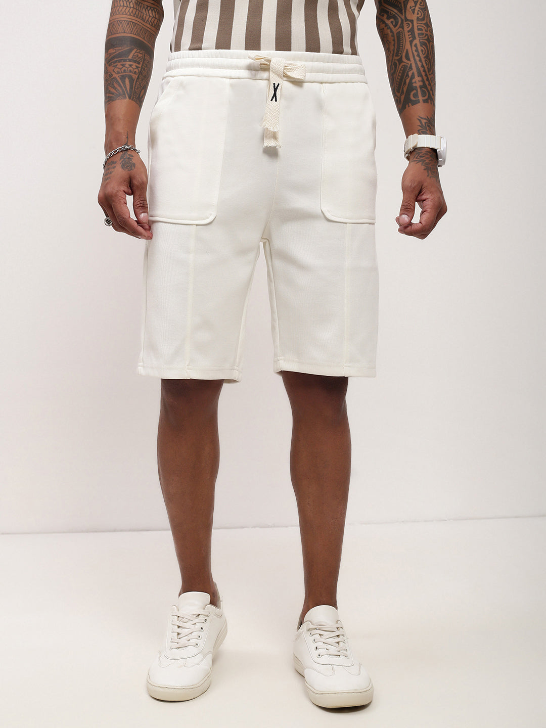 Men's Cream Solid Regular Fit  Shorts