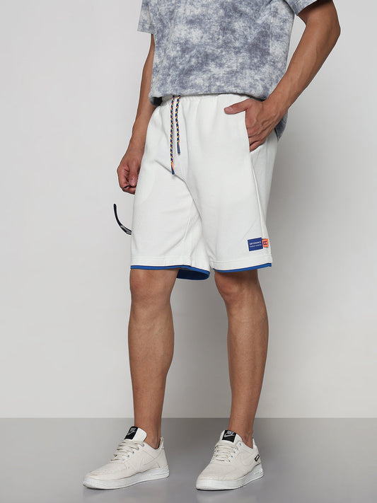 Men's White Athleisure Relaxed Fit Shorts with Blue Rib