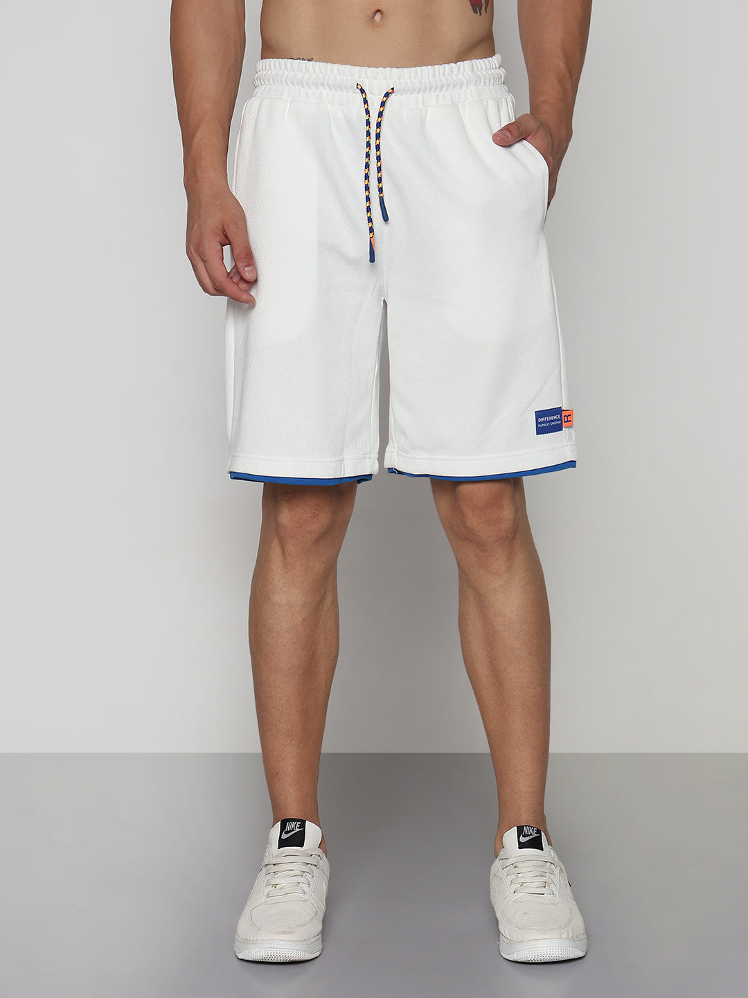 Men's White Athleisure Relaxed Fit Shorts with Blue Rib