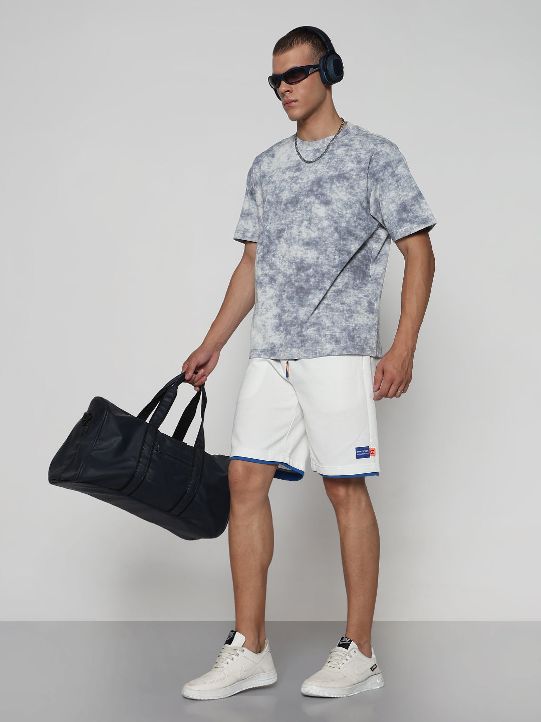 Men's White Athleisure Relaxed Fit Shorts with Blue Rib