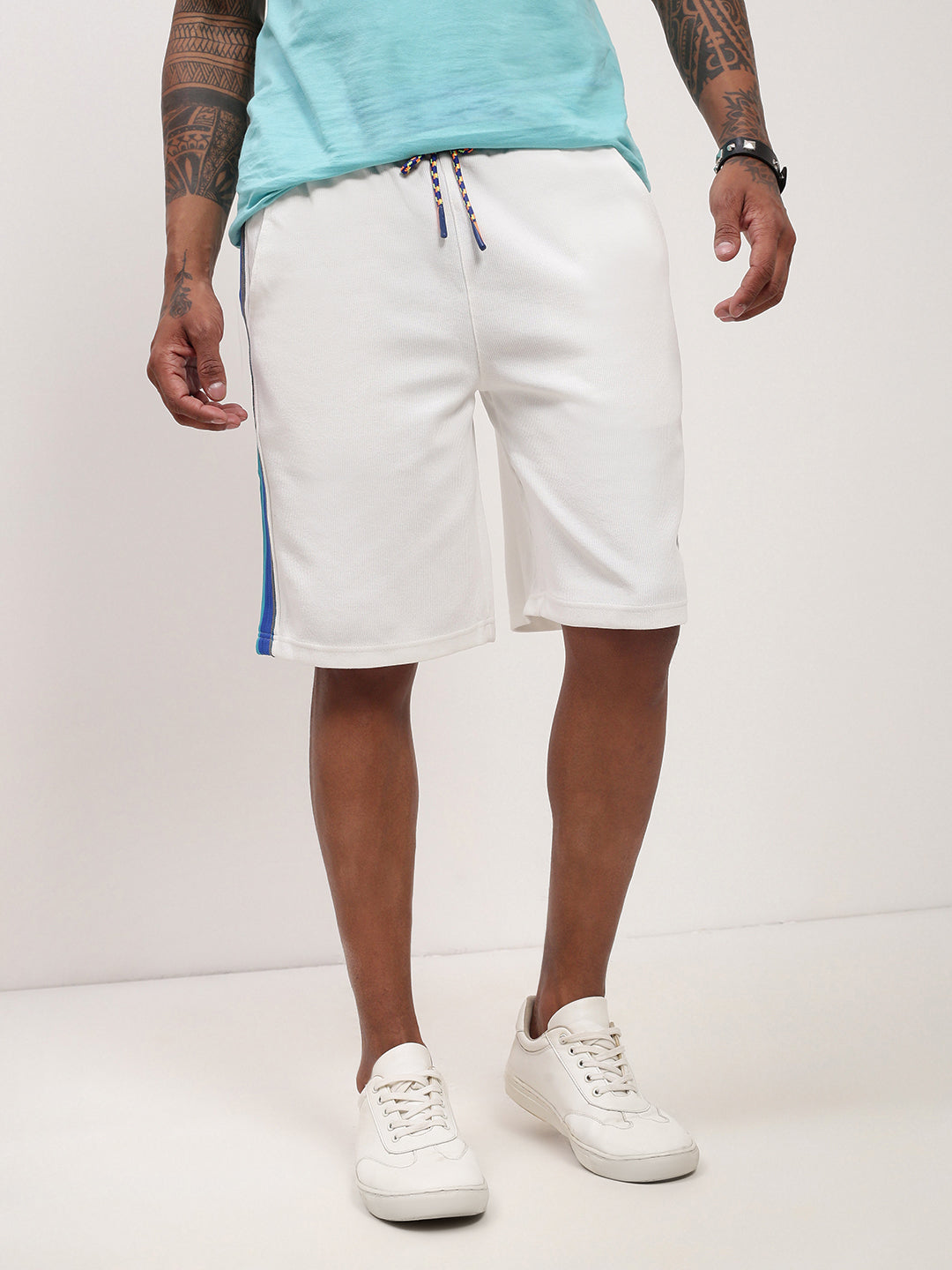 Men's White Regular Fit Mid-Rise Cotton Shorts