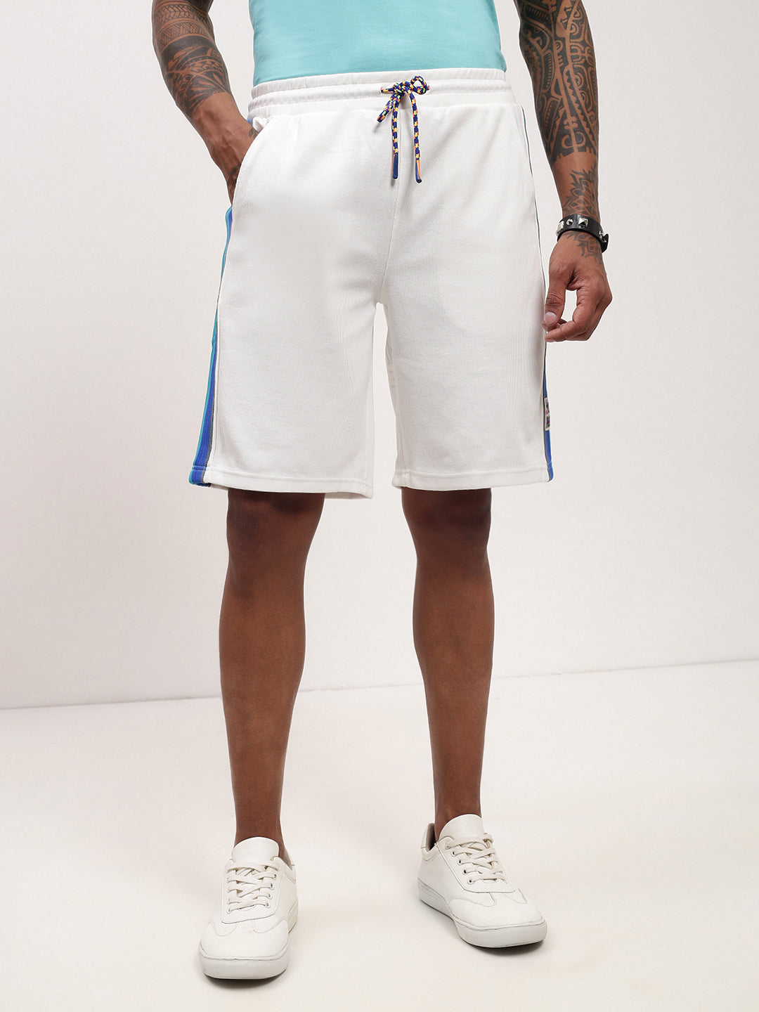 Men's White Regular Fit Mid-Rise Cotton Shorts