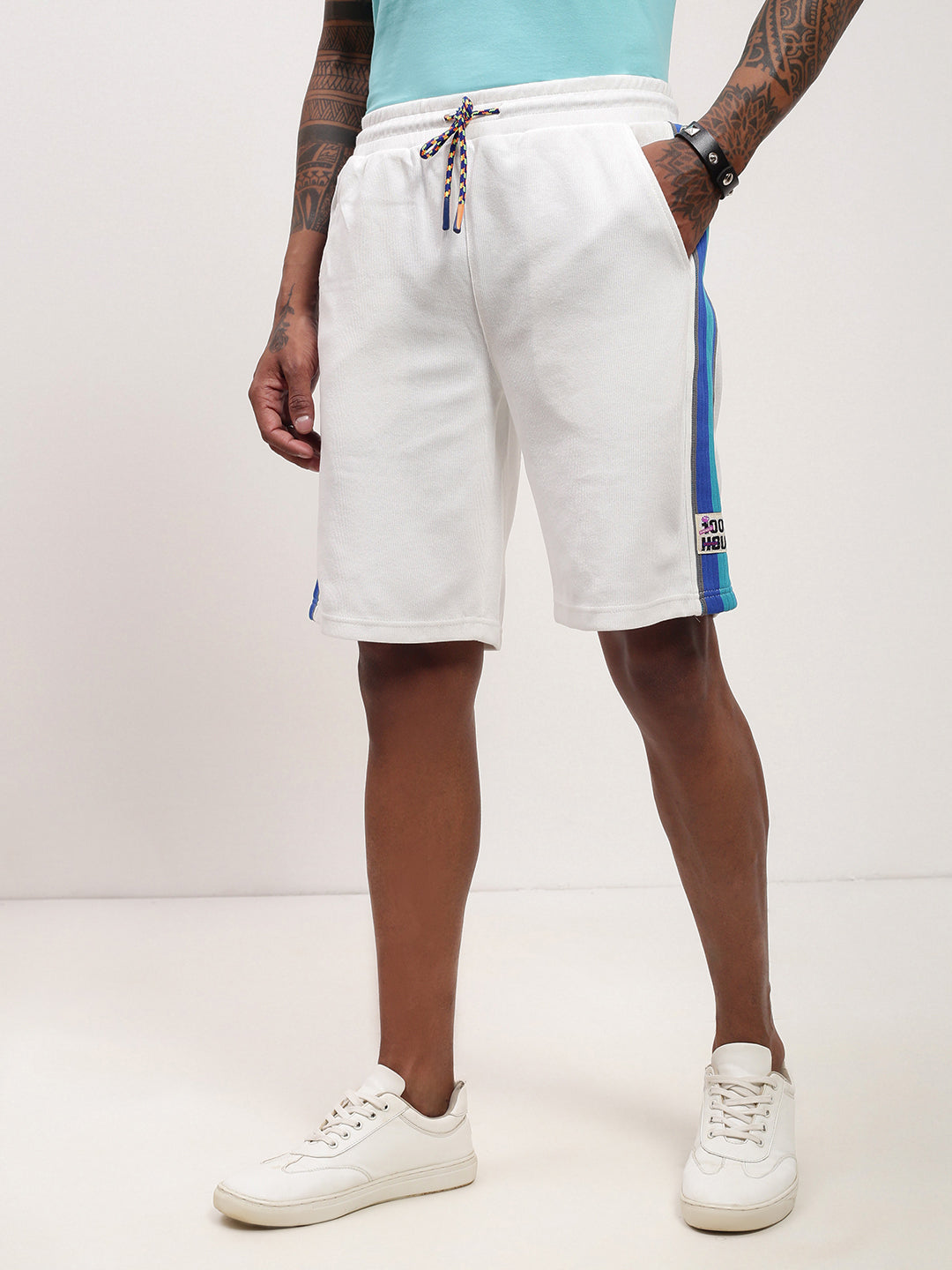 Men's White Regular Fit Mid-Rise Cotton Shorts