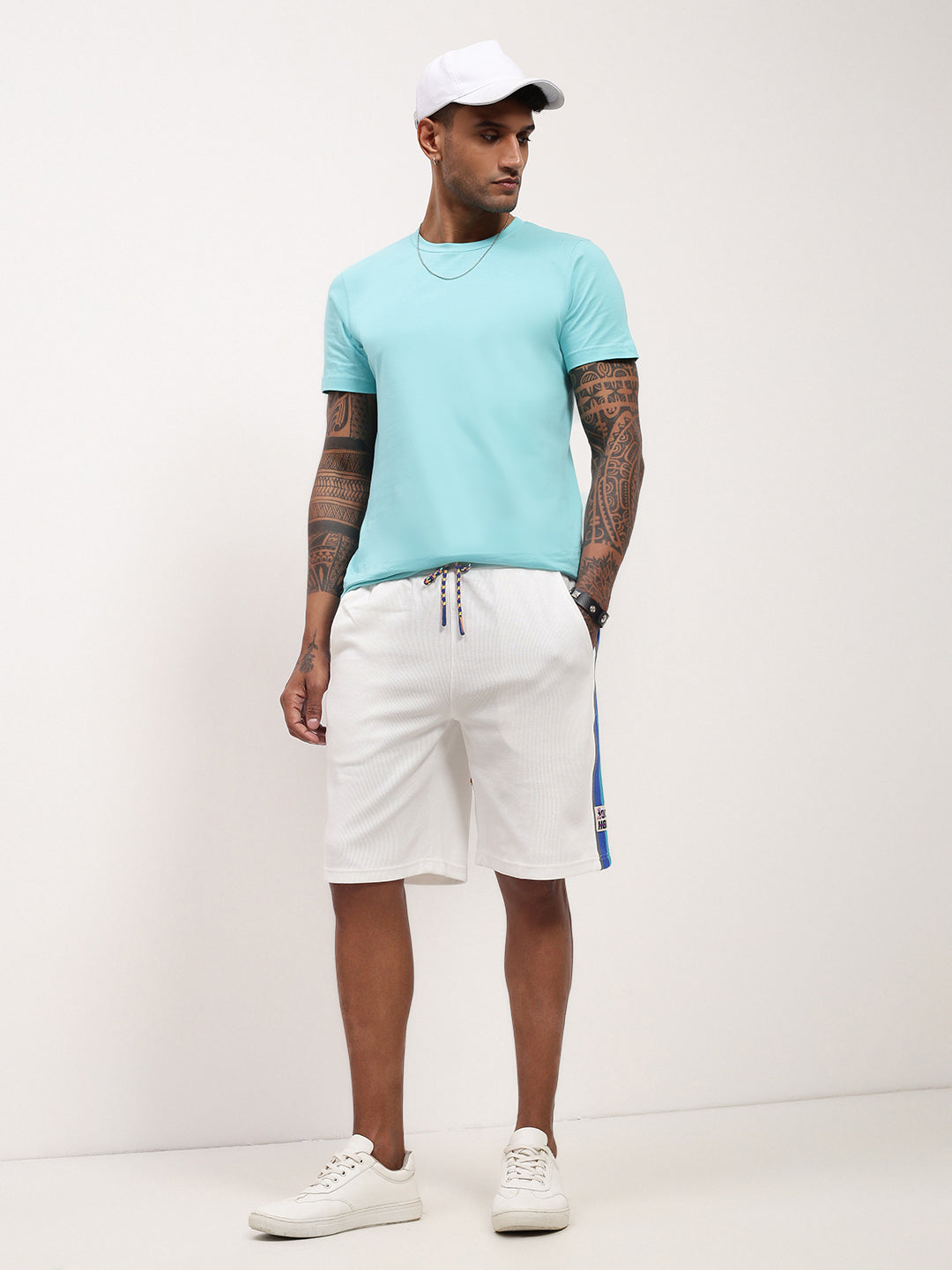 Men's White Regular Fit Mid-Rise Cotton Shorts
