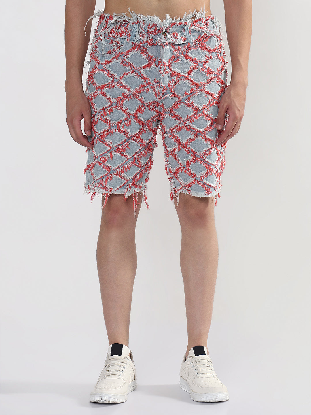 Men's Blue Regular Fit Distressed Denim Shorts with Red Detailing