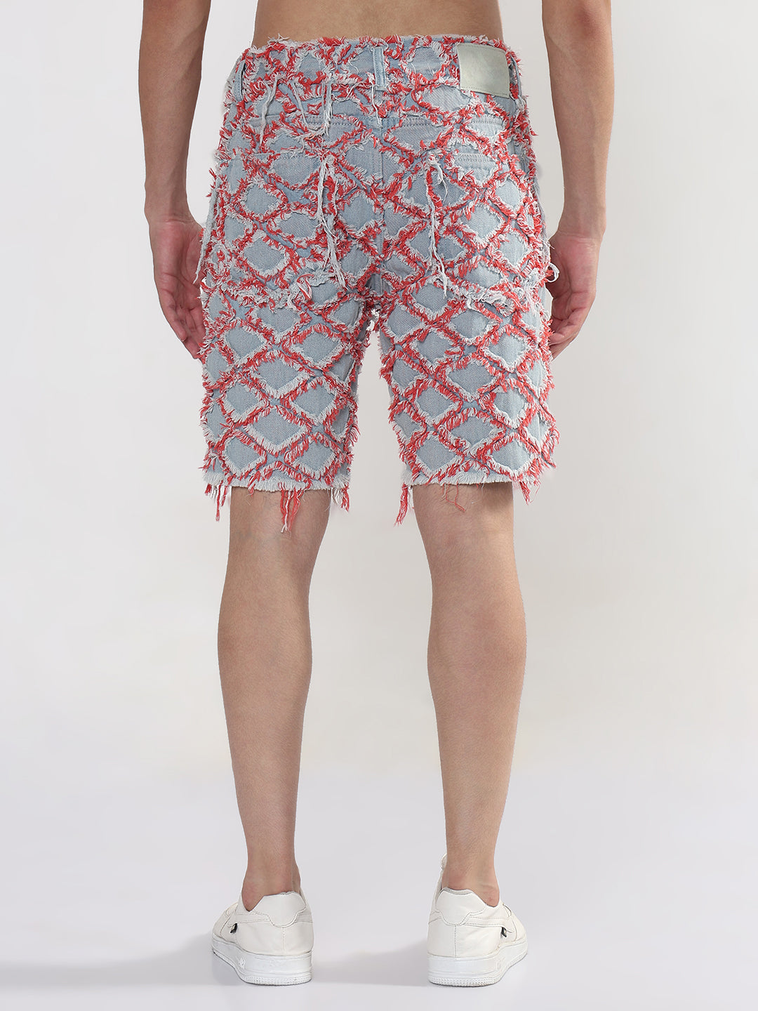 Men's Blue Regular Fit Distressed Denim Shorts with Red Detailing