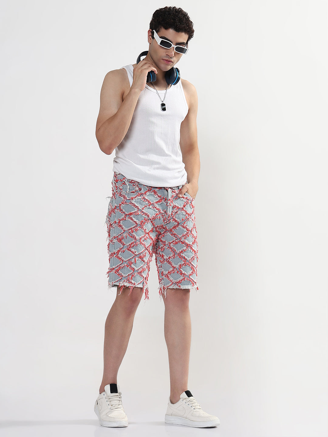 Men's Blue Regular Fit Distressed Denim Shorts with Red Detailing