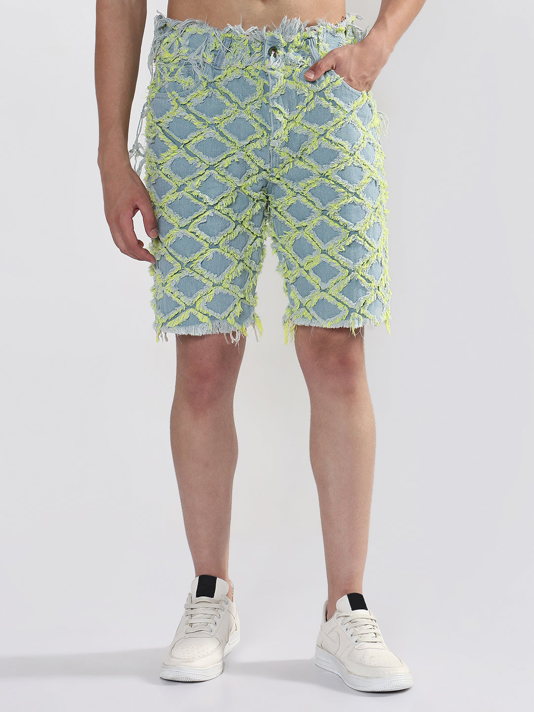 Men's Blue Regular Fit Distressed Denim Shorts with Yellow Detailing