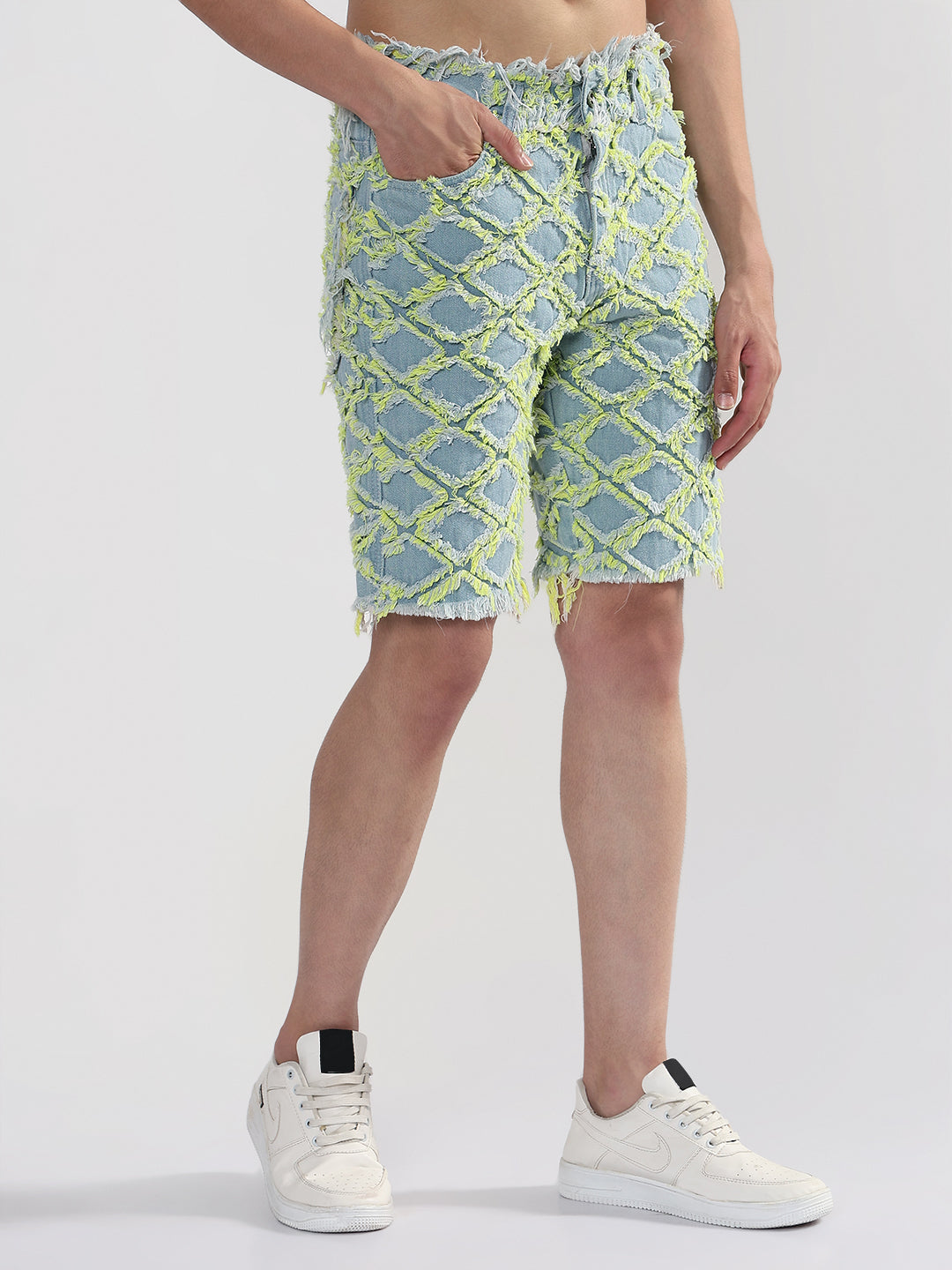 Men's Blue Regular Fit Distressed Denim Shorts with Yellow Detailing