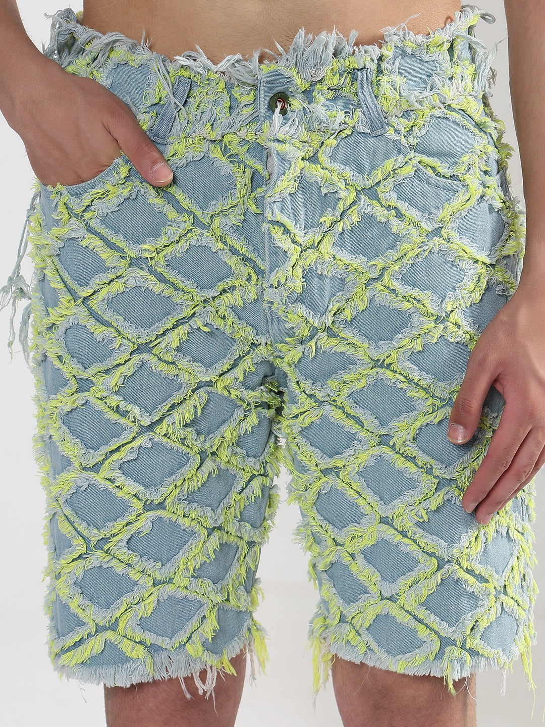 Men's Blue Regular Fit Distressed Denim Shorts with Yellow Detailing