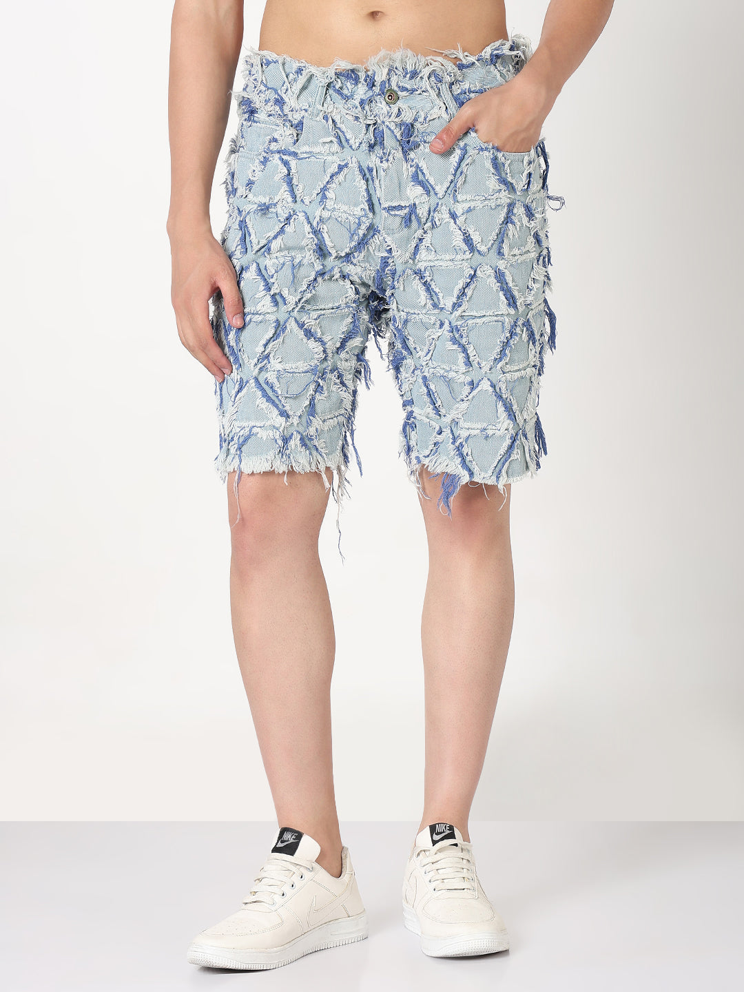 Men's Blue and Yellow Geometric Slim Fit Denim Shorts