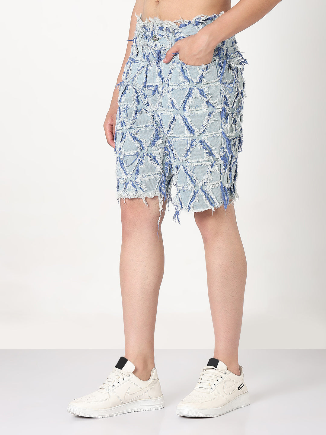 Men's Blue and Yellow Geometric Slim Fit Denim Shorts