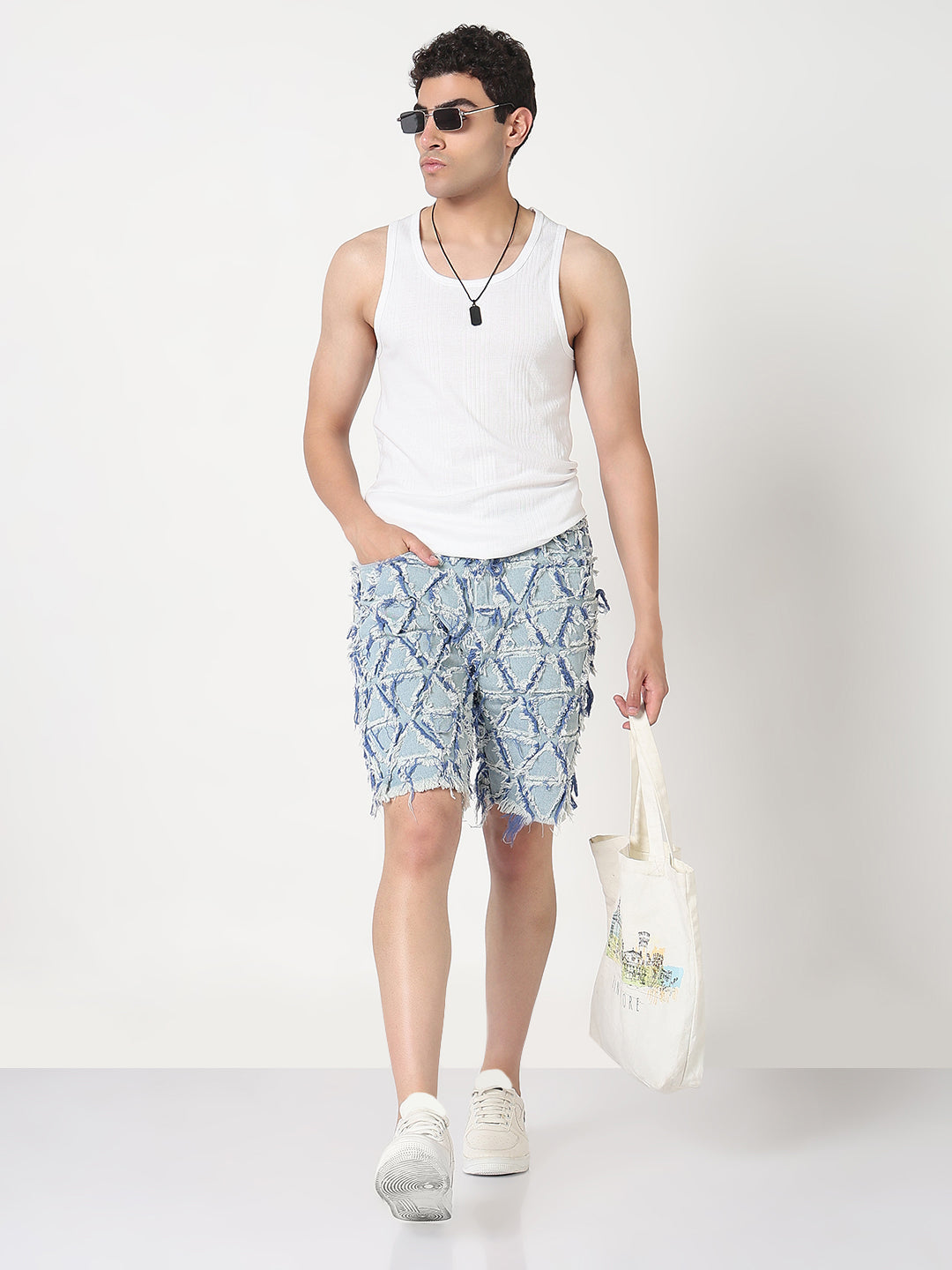 Men's Blue and Yellow Geometric Slim Fit Denim Shorts