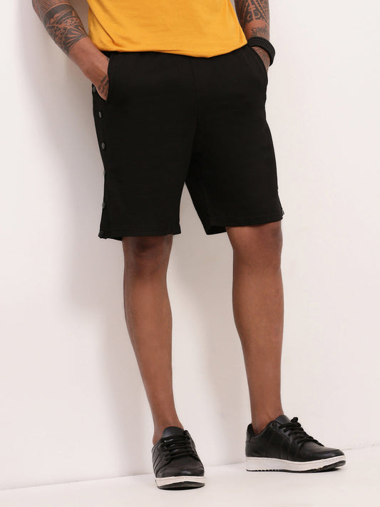 Men's Black Mid-Rise Cotton Regular Fit Shorts
