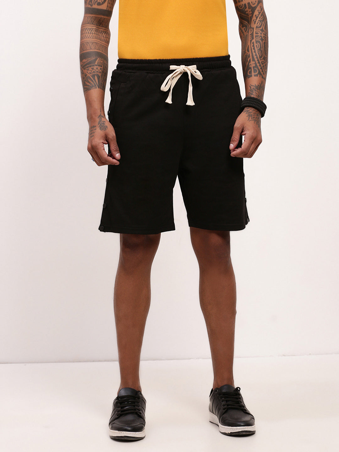 Men's Black Mid-Rise Cotton Regular Fit Shorts