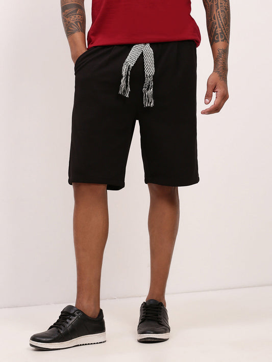 Men's Black Solid Mid-Rise Cotton Shorts