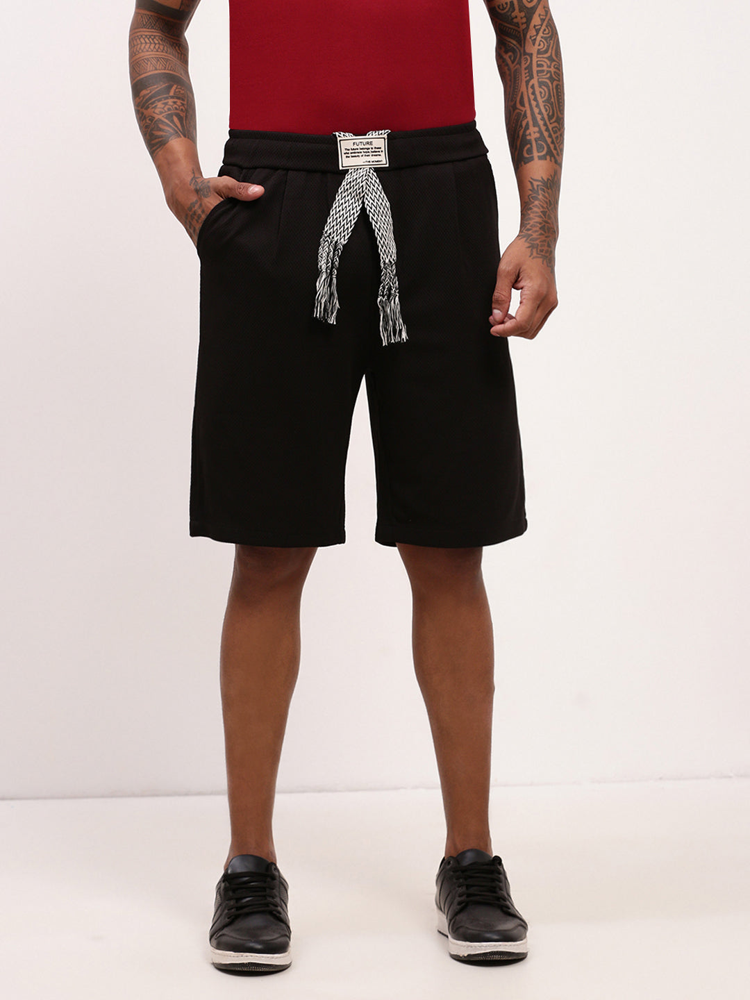 Men's Black Solid Mid-Rise Cotton Shorts