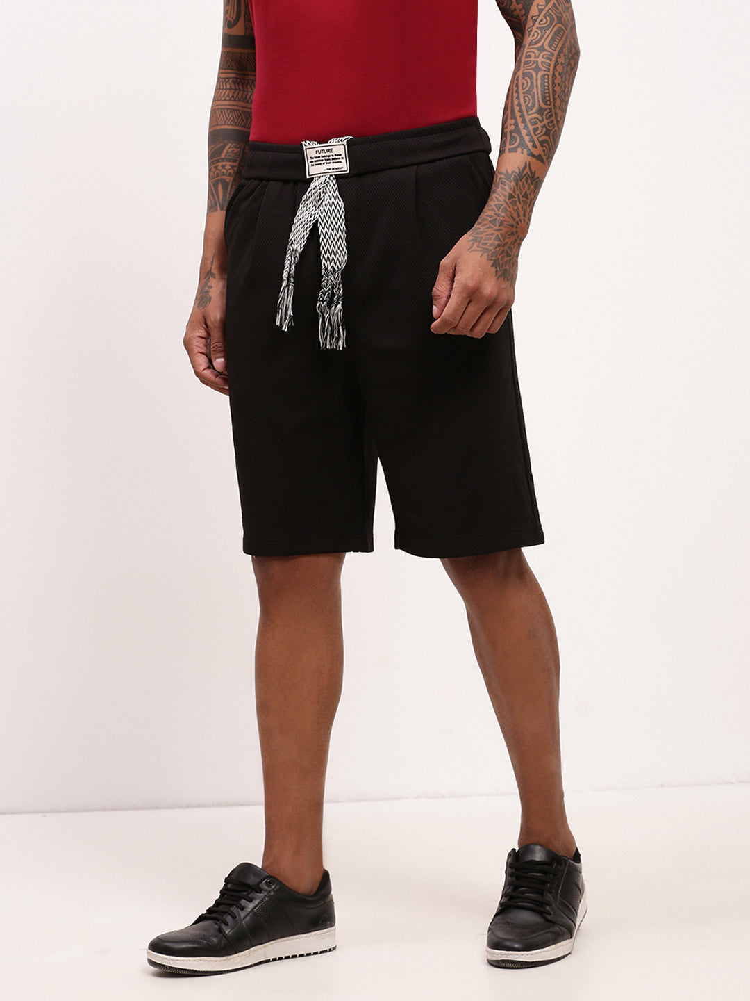 Men's Black Solid Mid-Rise Cotton Shorts