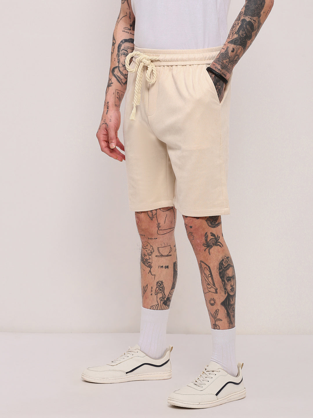 Men's Beige Solid Relaxed Fit Shorts